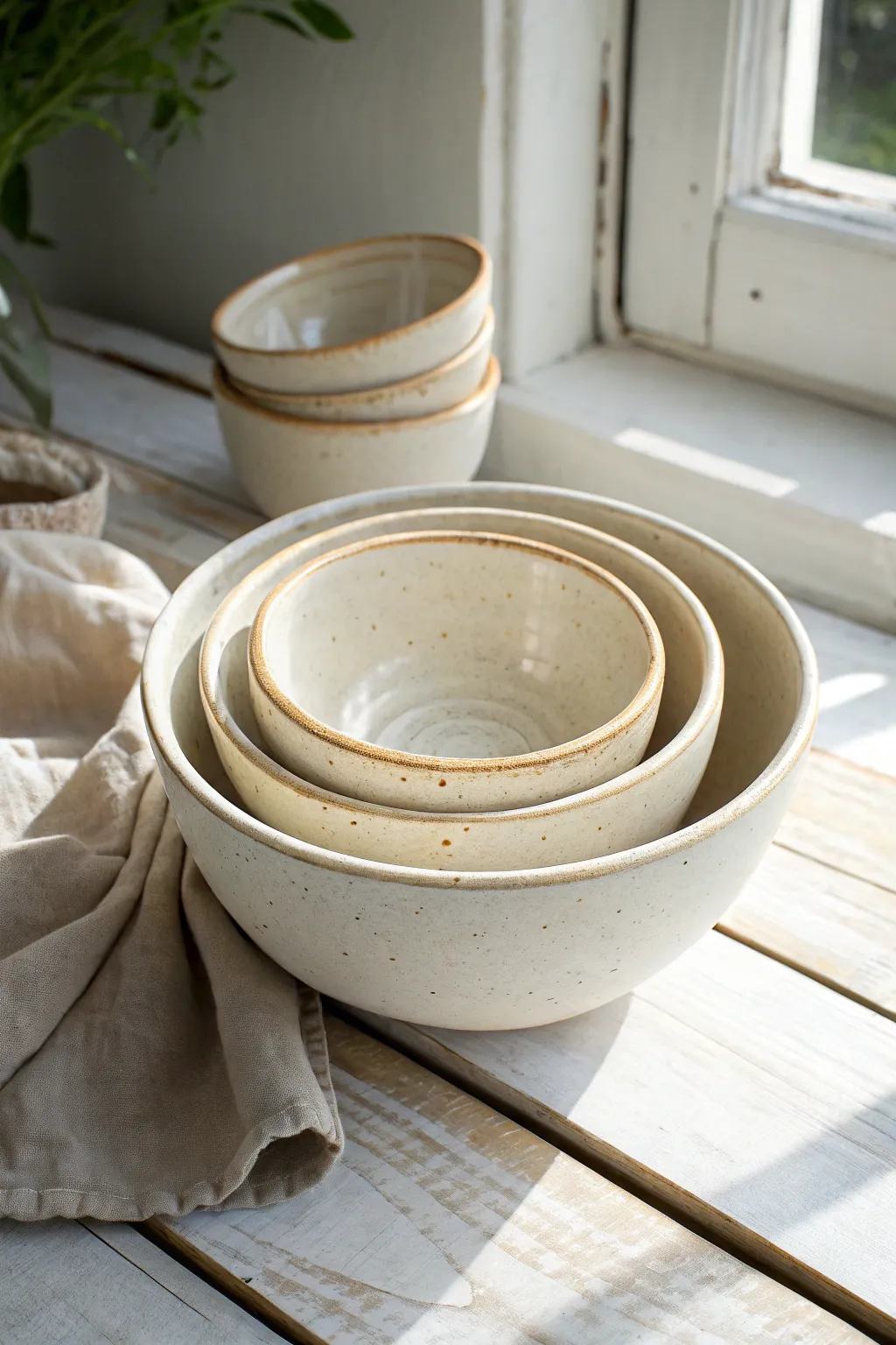Three handbuilt nesting prep bowls in soft glaze, minimalist style for calm, cozy kitchens.
