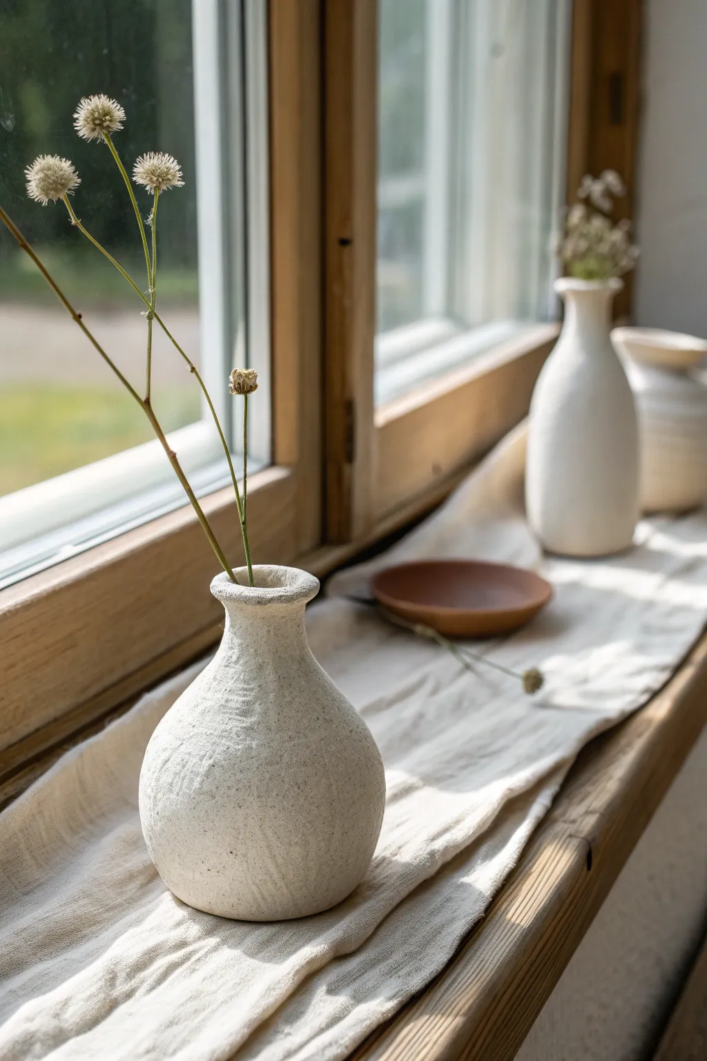 Simple handbuilt bud vase styling: one stem, soft window light, Scandinavian boho calm
