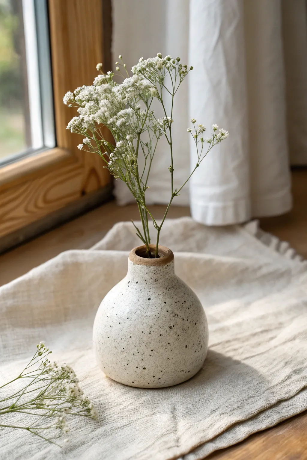 Simple pinch pot bud vase with a few wildflowers, minimal matte glaze and cozy neutral styling
