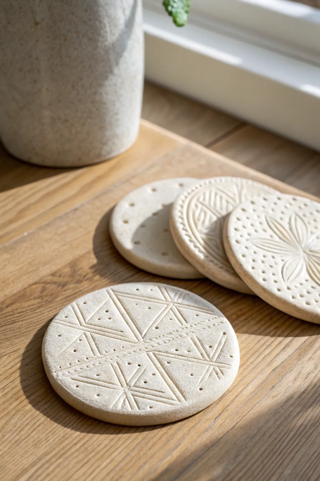 Stamped clay coaster set with simple pressed textures in a calm Scandinavian, boho-leaning style