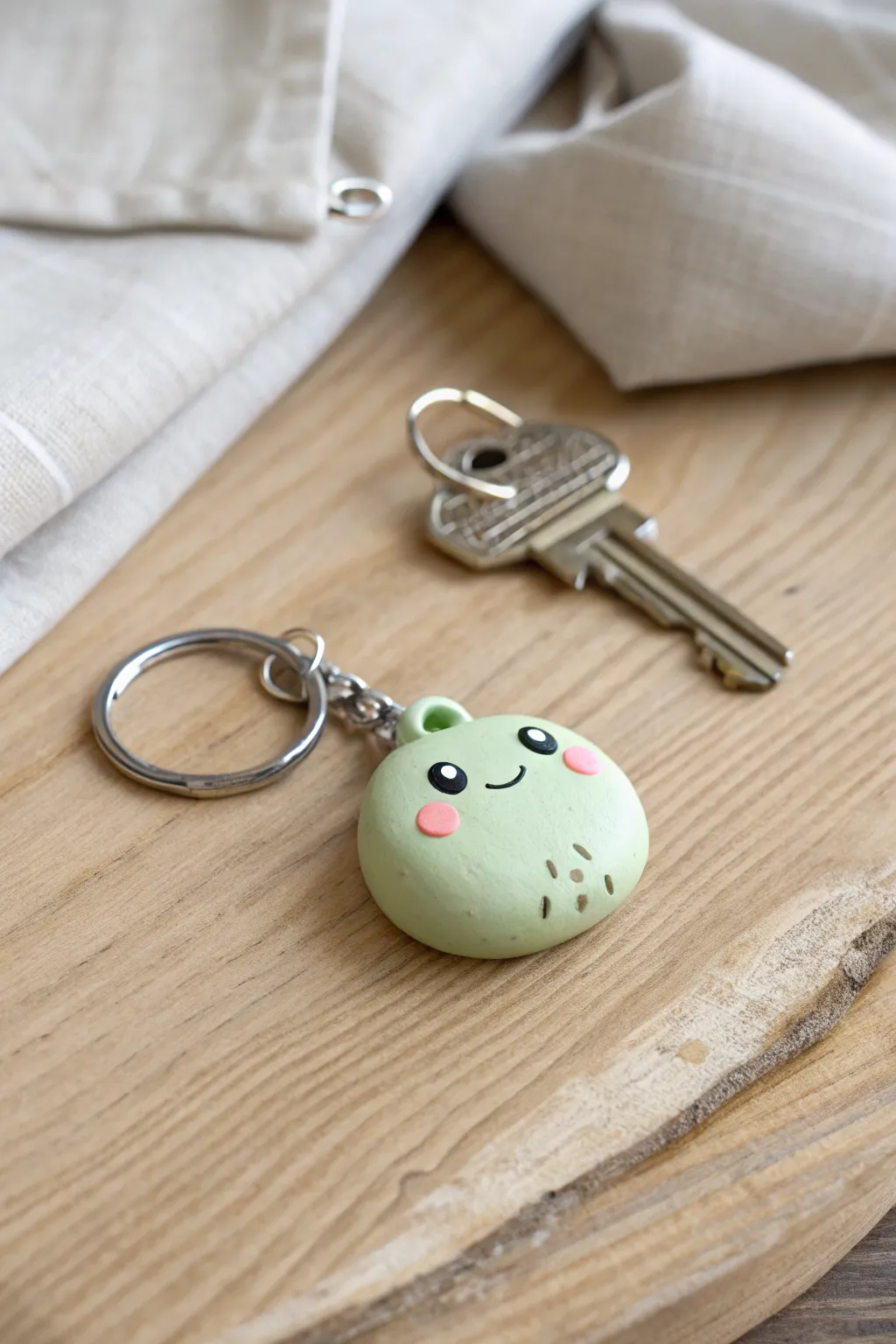 Cute mini frog keychain with blush cheeks, a simple clay charm idea for your next DIY.