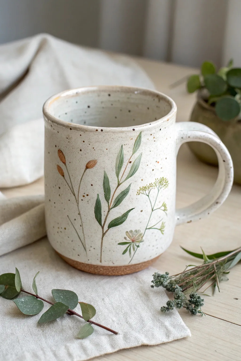 Cheerful botanical underglaze mug with a clear glossy finish and clean minimalist styling.