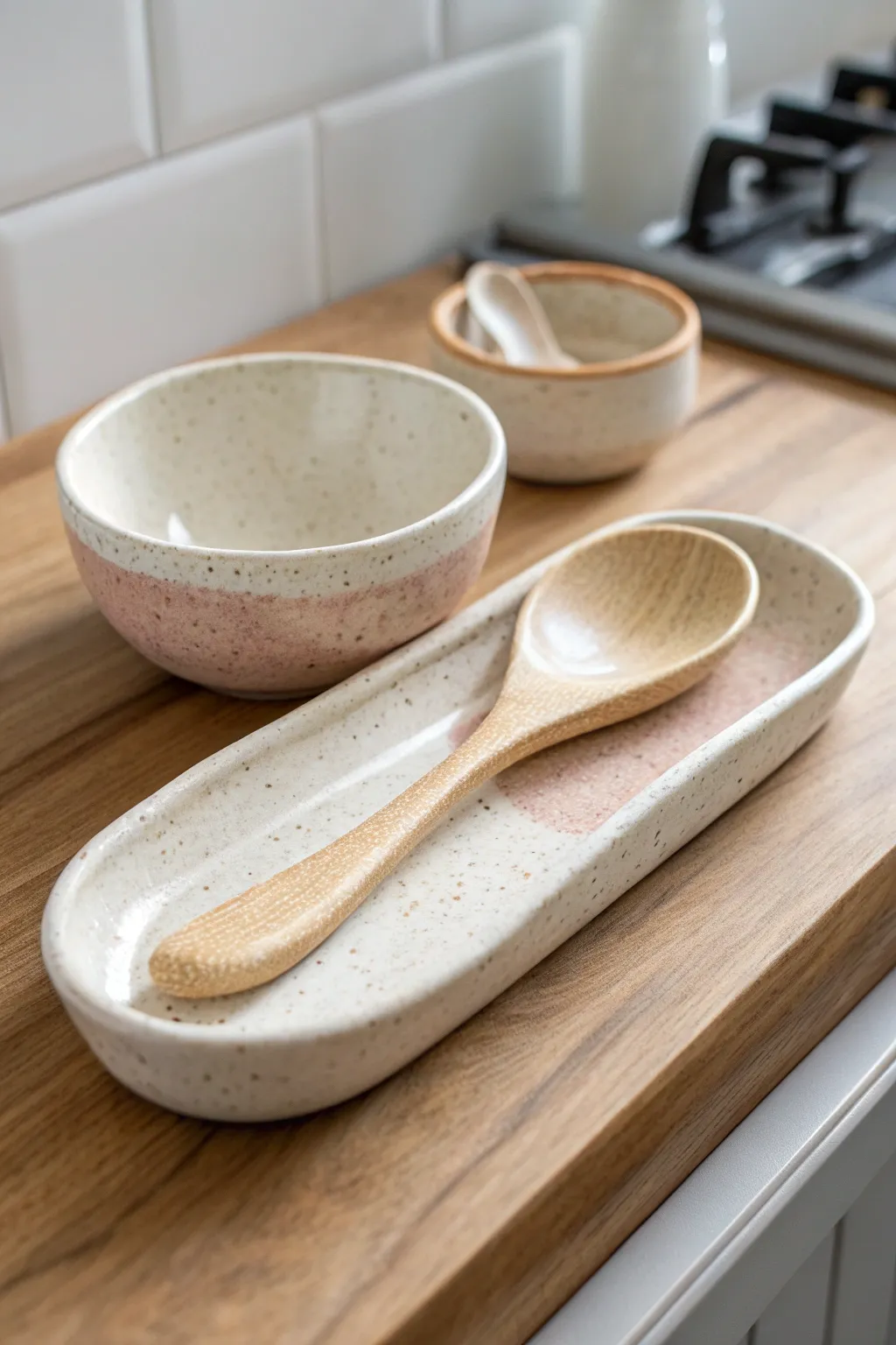 Organic river-stone spoon rest in soft glaze, a minimalist touch for your handmade kitchen.