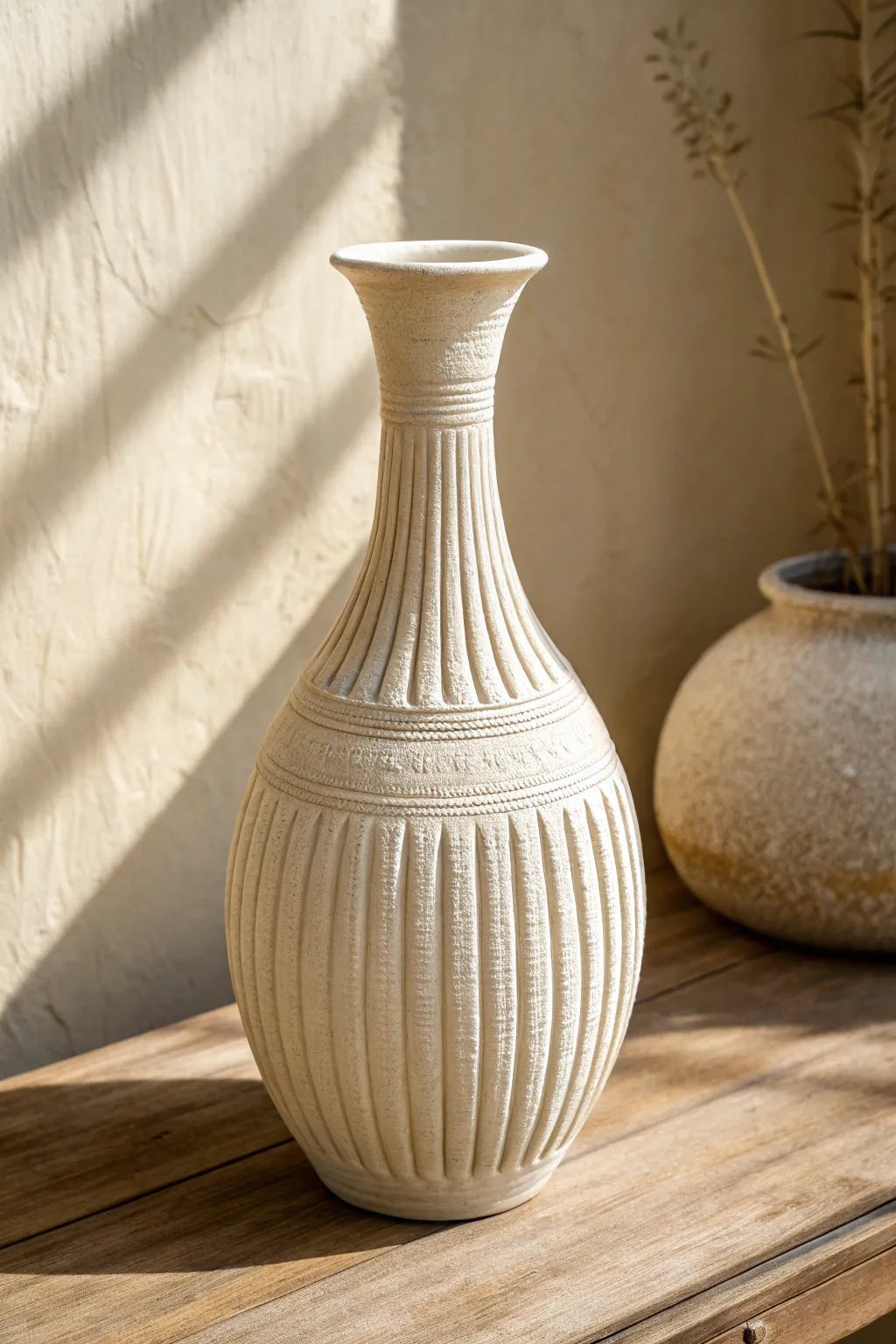 Creamy white fluted clay vase with crisp grooves, a simple handmade statement for any shelf