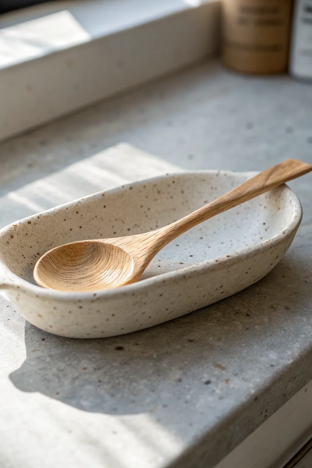 Simple handmade spoon rest with warm wood accents for a calm, crafted kitchen moment.