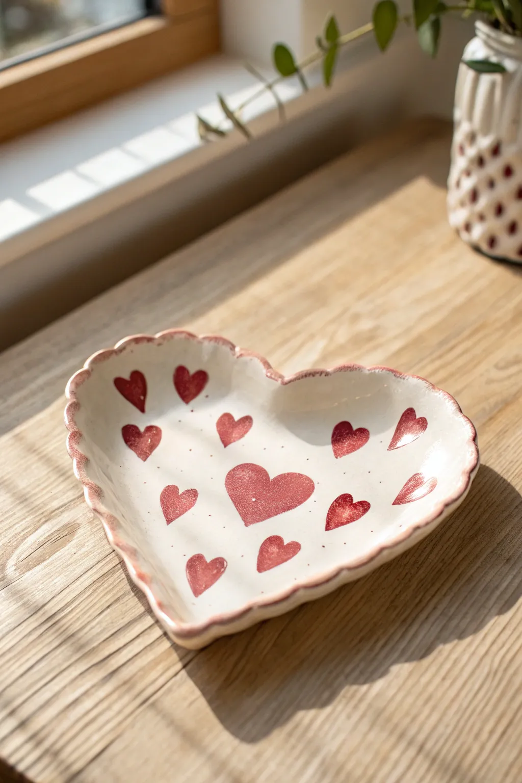 Soft blush scallops with tiny red hearts for a sweet, minimalist heart plate finish.