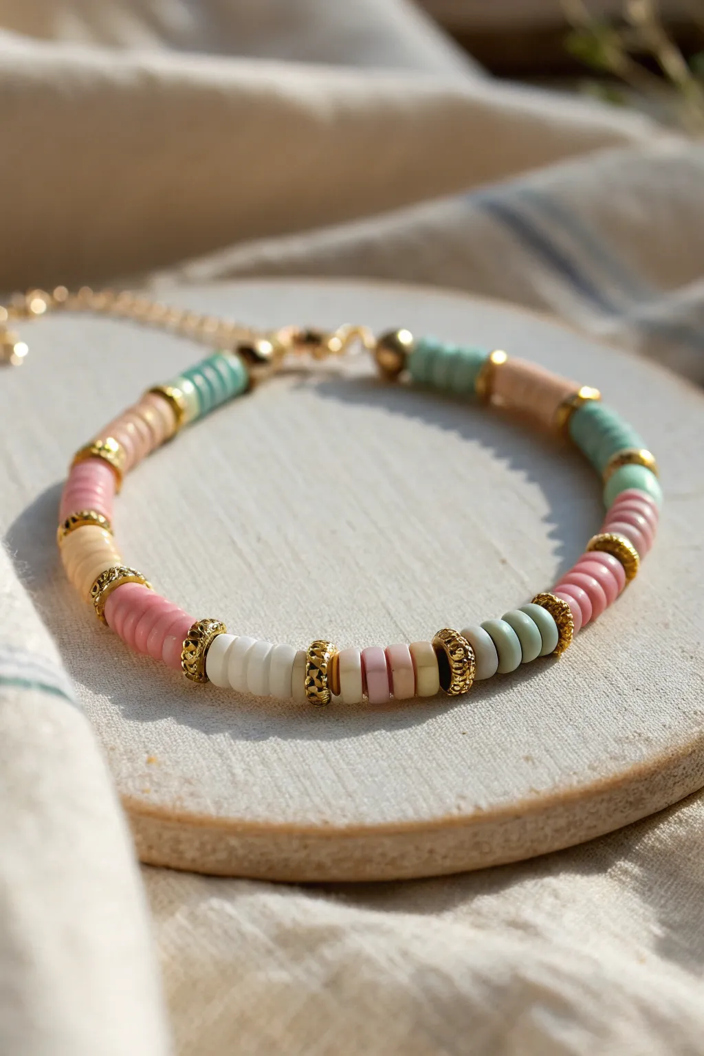 Colorful heishi bracelet with tiny gold spacers every few beads for a clean, sparkling rhythm