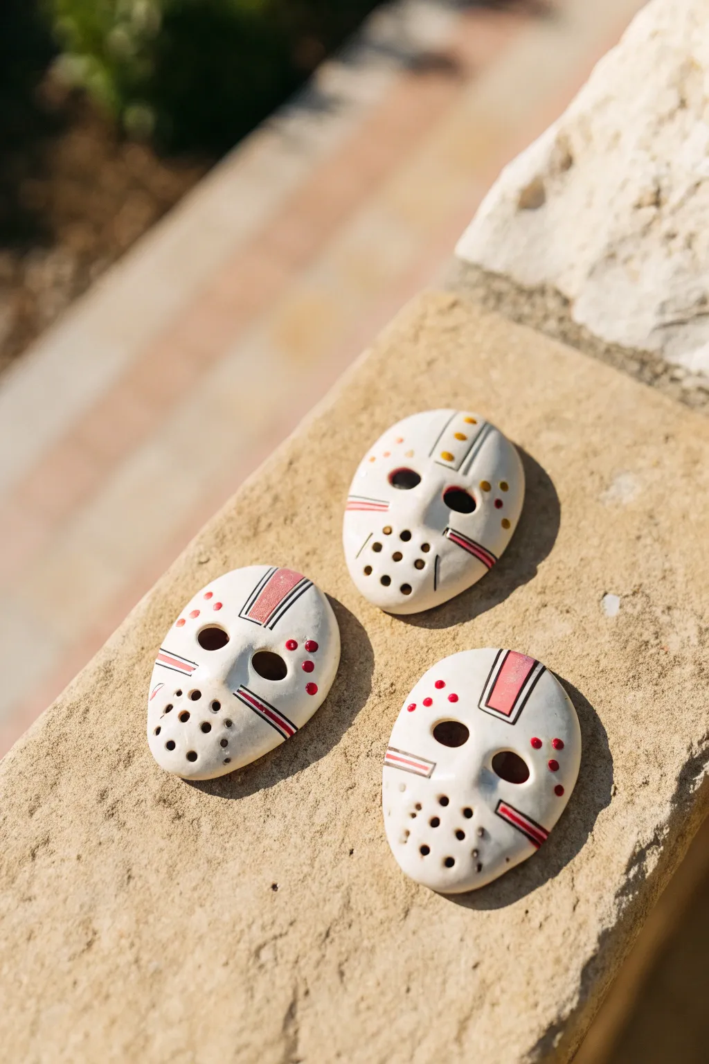 Three minimalist clay goalie mask magnets in soft neutrals, crisp details, and cozy Scandinavian styling.