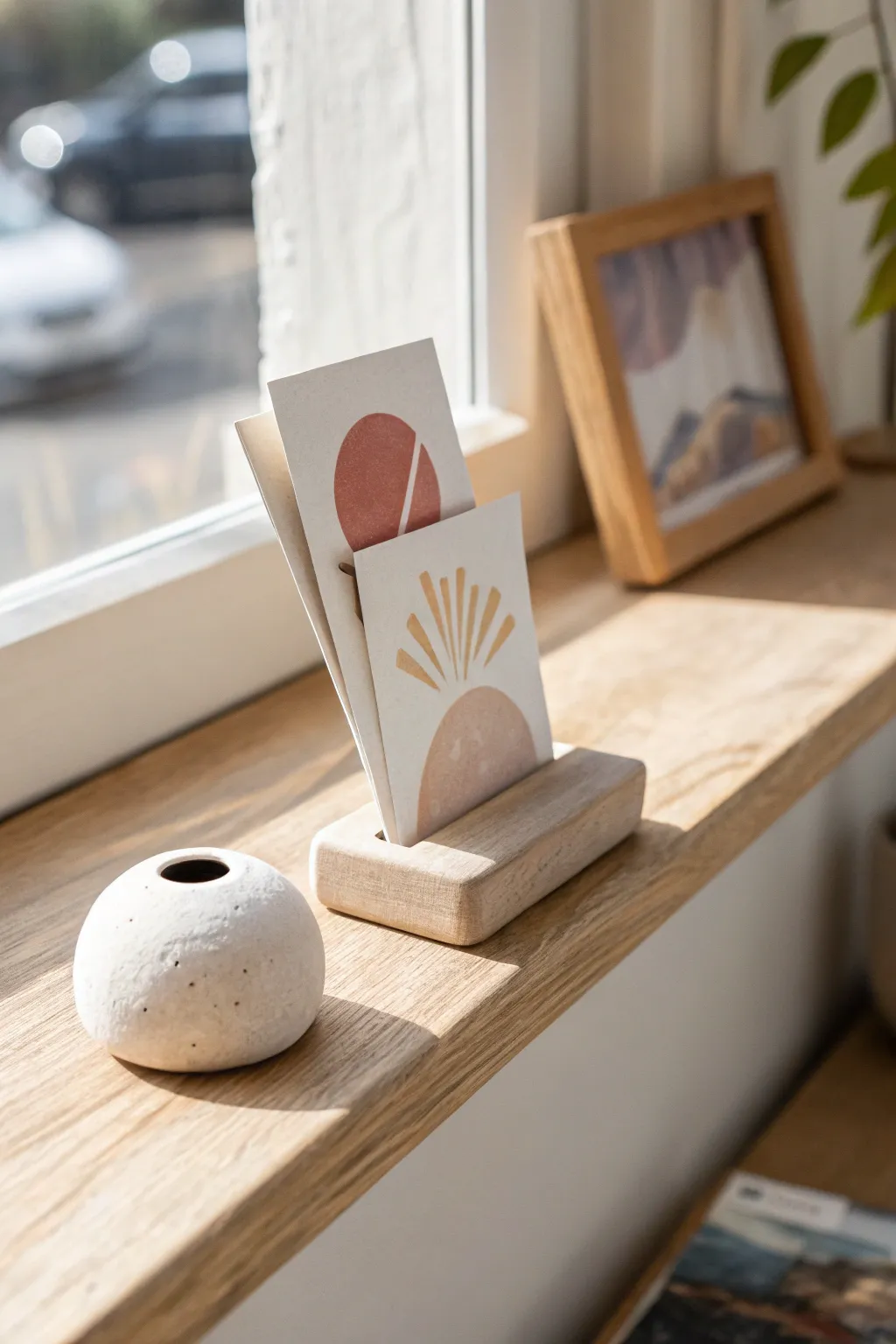 Minimal clay photo holder on a light oak shelf, showcasing simple cards in airy boho style.