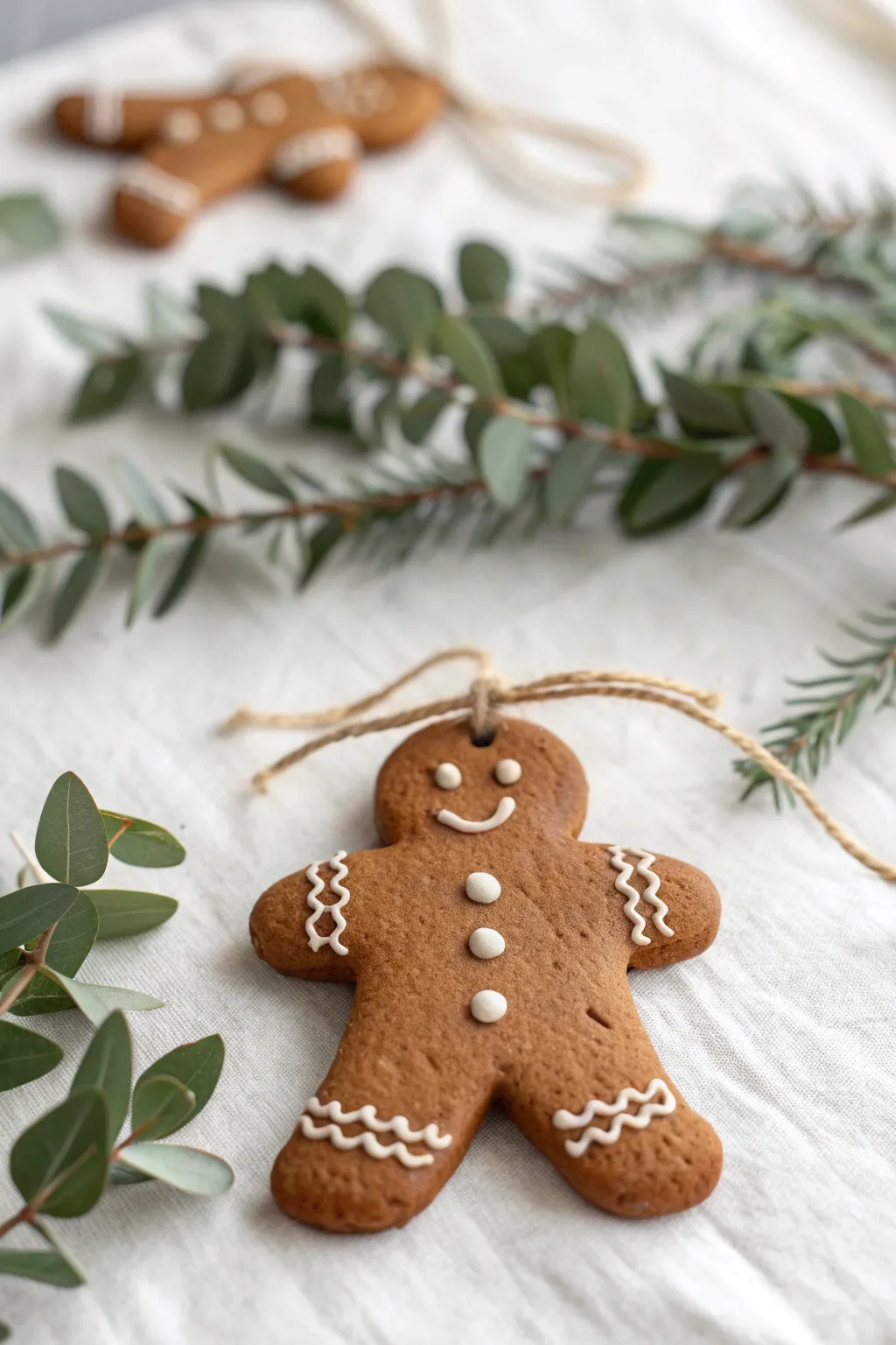 Mini gingerbread clay ornaments with painted icing, perfect for cozy handmade holiday decor.