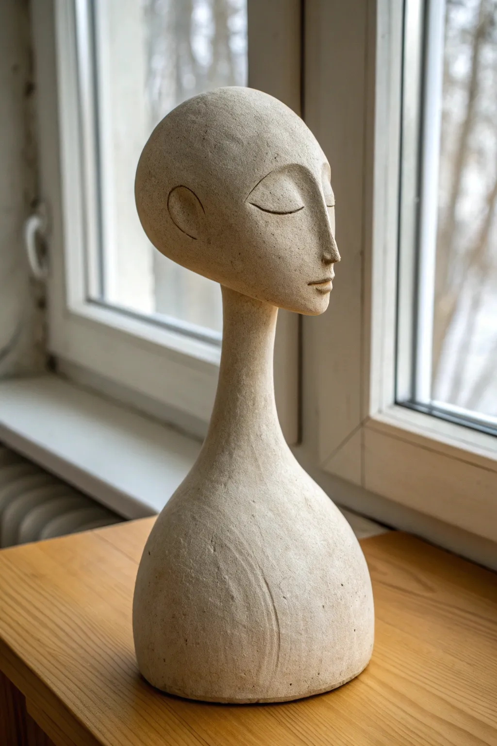 Matte egg-head sculpture with a tilted neck, minimalist posture that quietly conveys emotion.