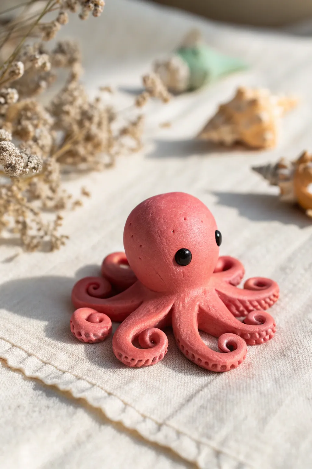 A sweet mini clay octopus in coral pink, dot eyes and curled tentacles, perfect for beginners.
