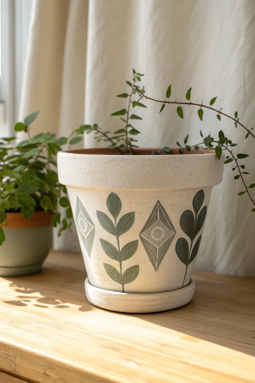 Easy stenciled shapes on a painted clay pot for a clean, modern beginner look