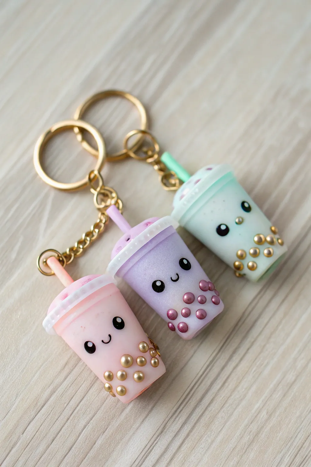 Pastel bubble tea cup clay charms on a keyring, minimalist boho detail for sweet everyday vibes.