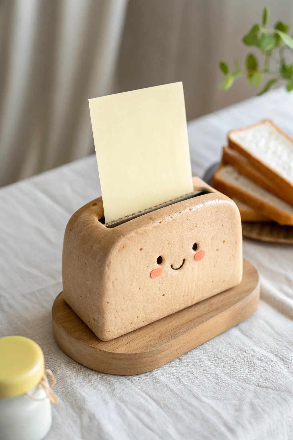 Adorable toast clay photo holder with butter detail, minimalist styling, perfect for notes.