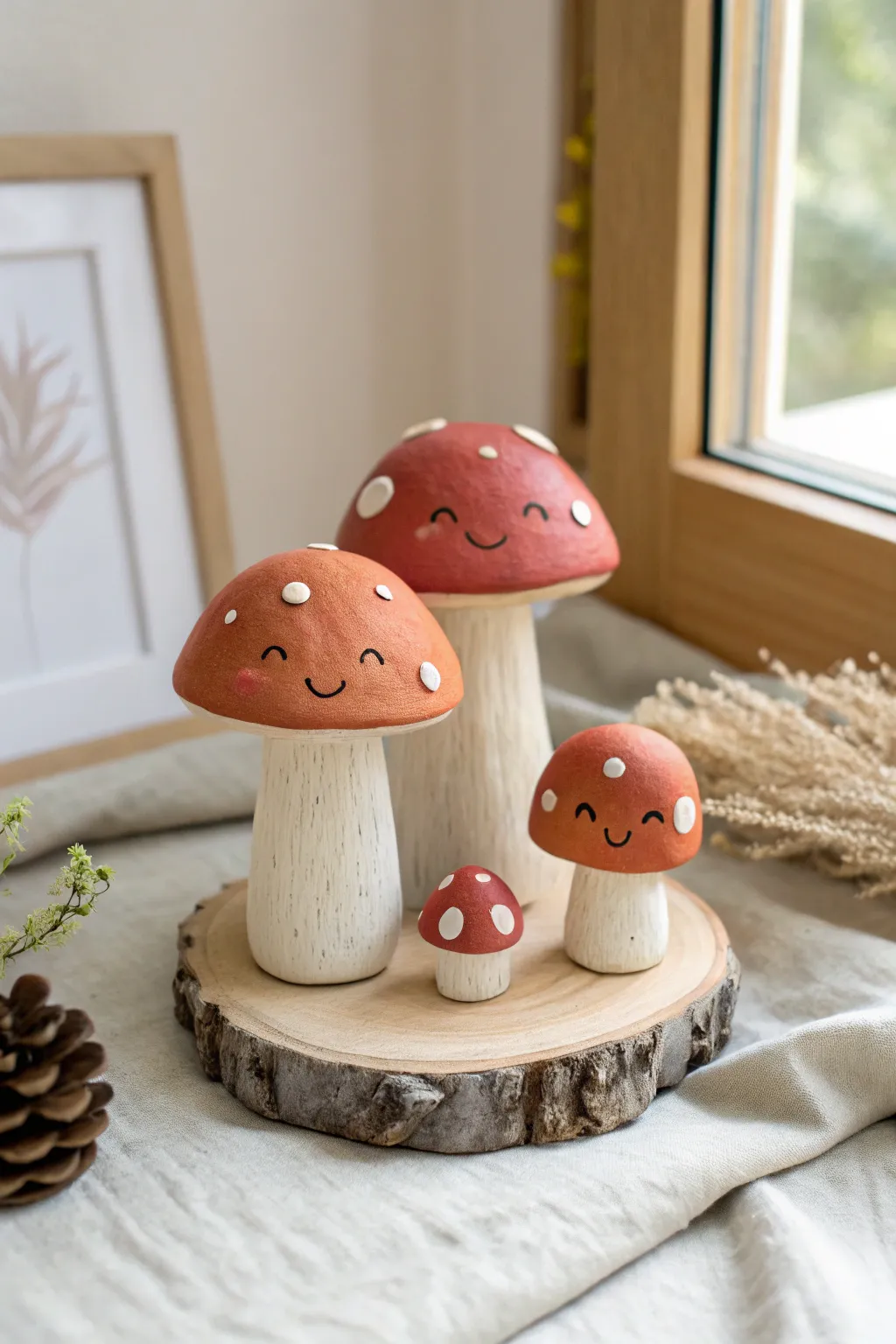 Three smiley clay mushroom friends in soft matte reds and creams, simple, cute, and cozy.