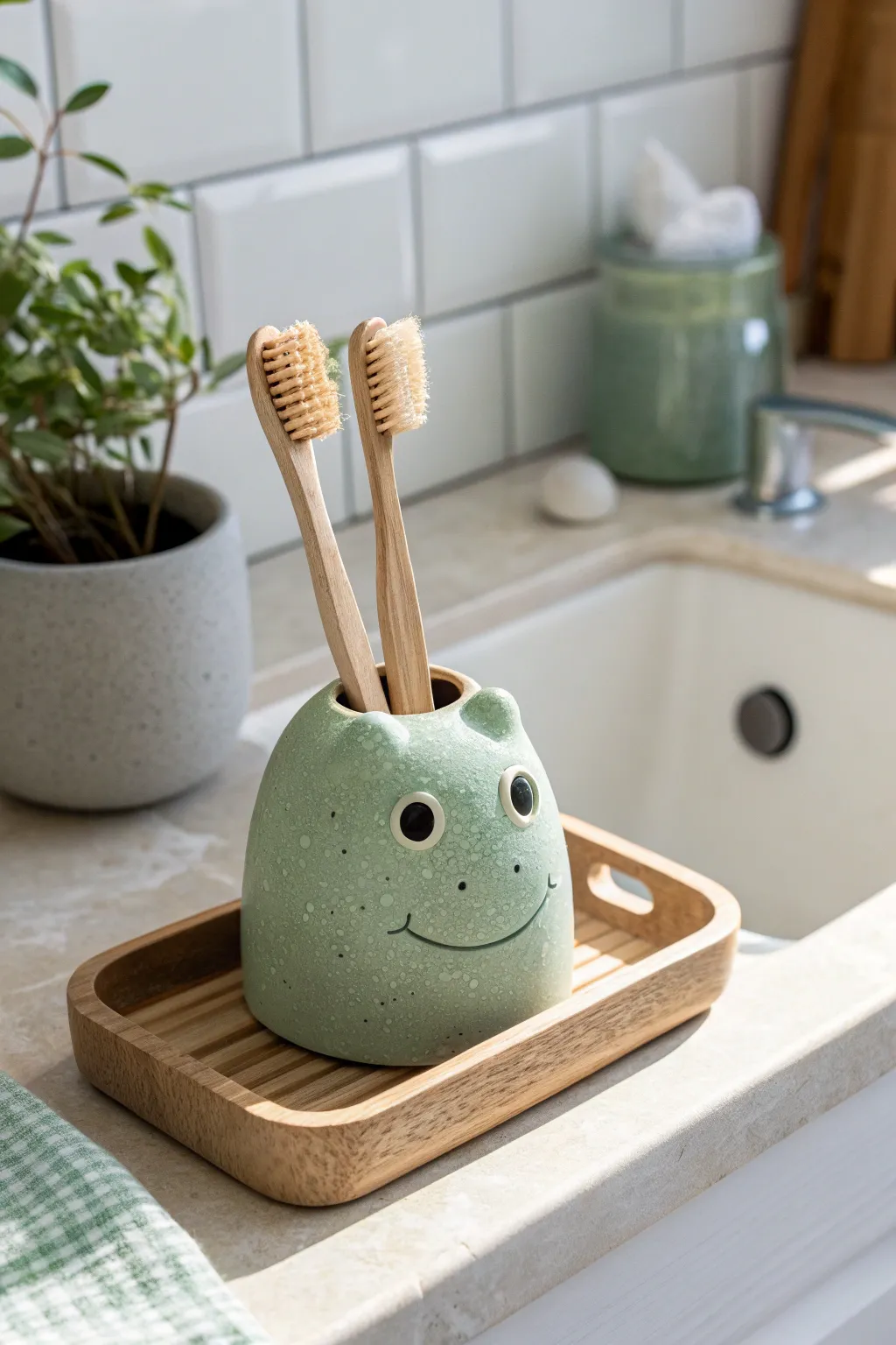 Minimalist clay frog toothbrush holder bringing handmade charm to a calm, airy bathroom tray.