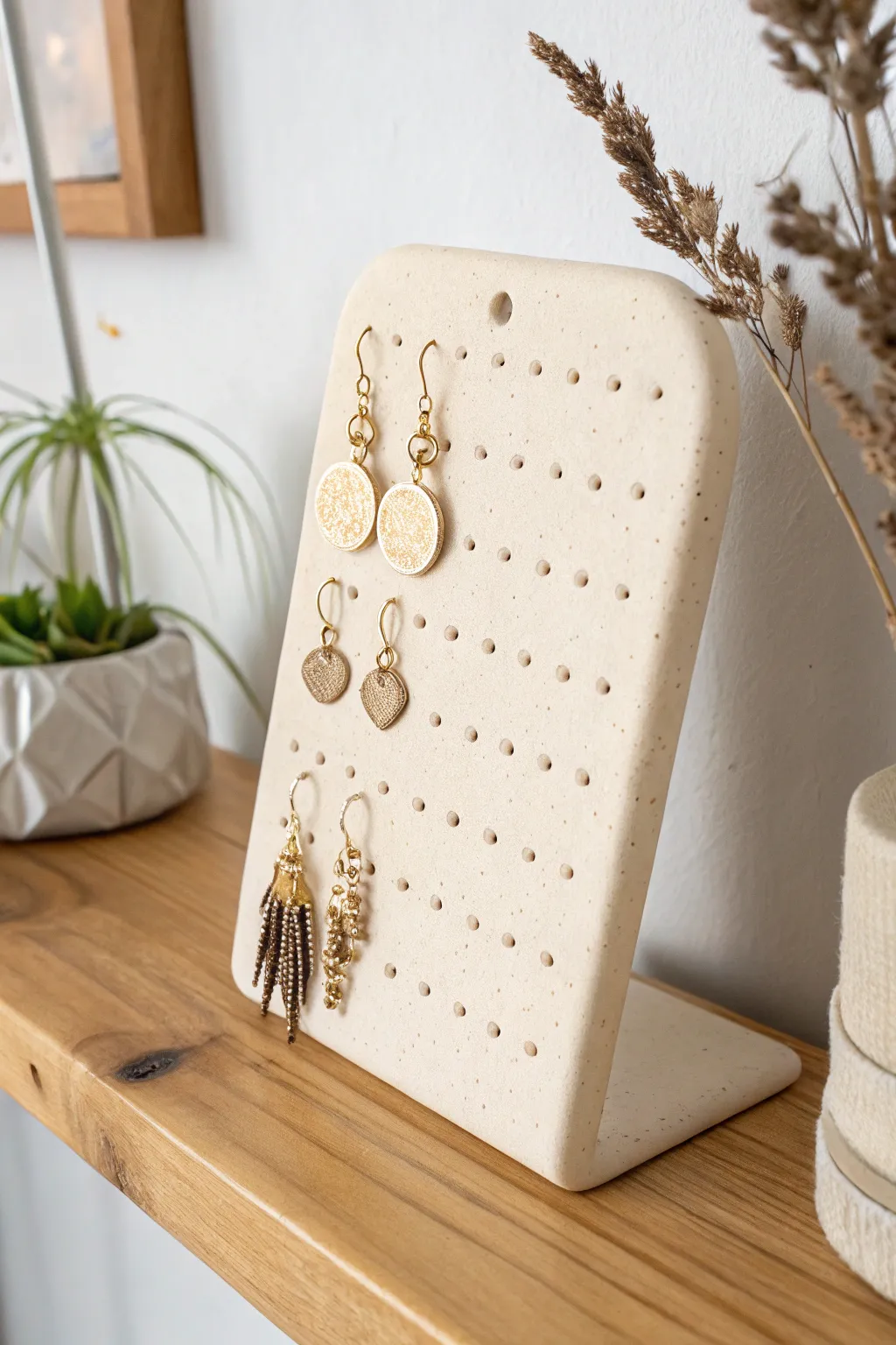 Minimal air dry clay earring slab with neat holes, styled in warm Scandinavian boho tones.
