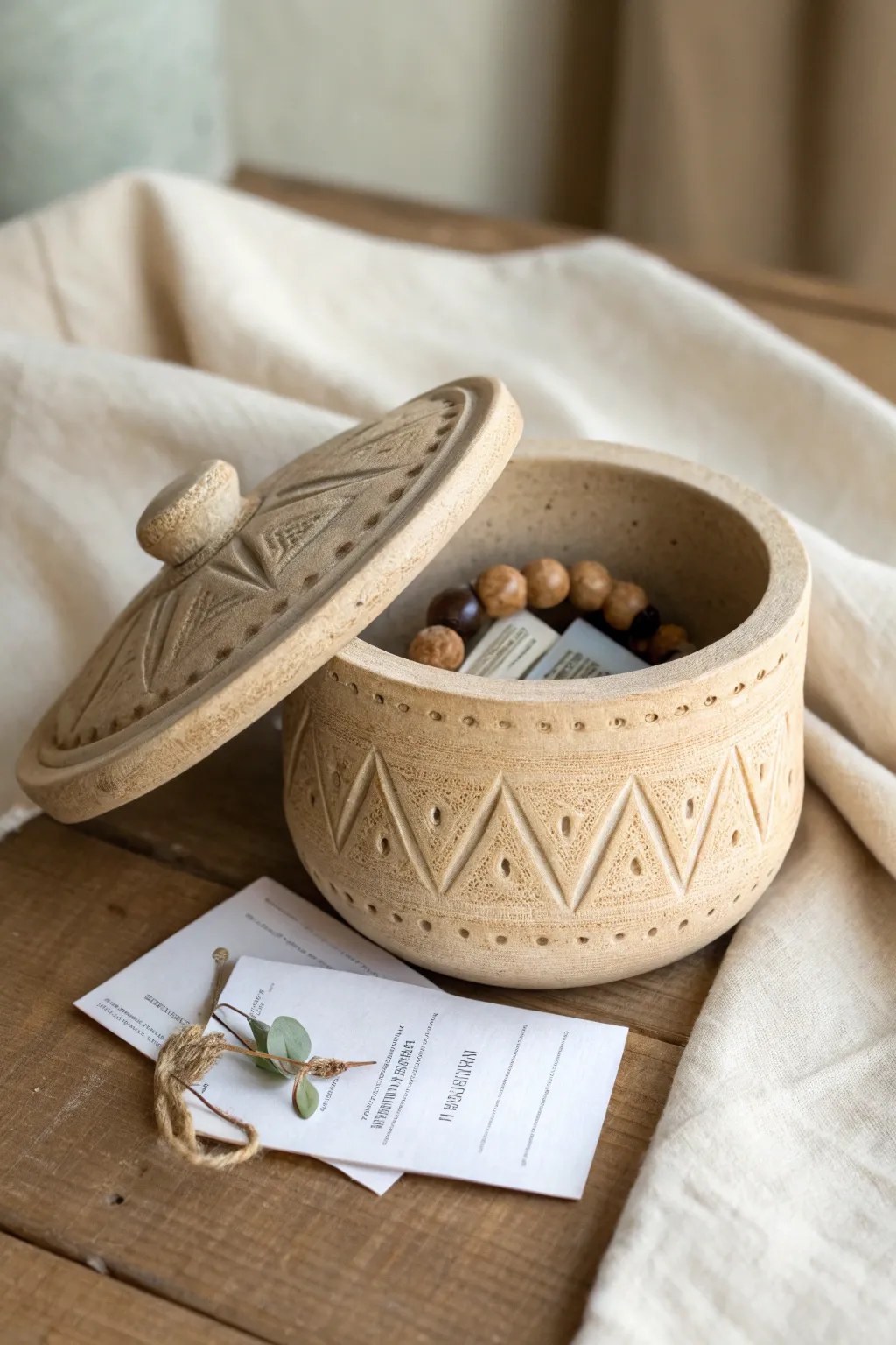 Small lidded clay keepsake box, slightly open, showing beads inside in soft minimalist light