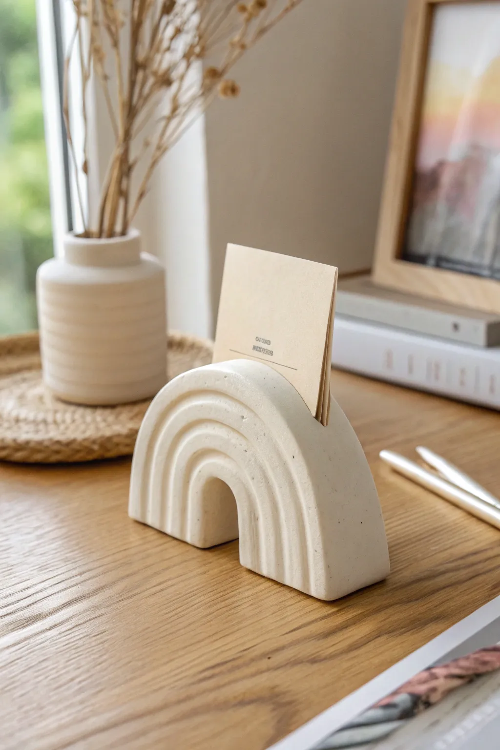 Minimal arched air-dry clay card holder for a calm desk vignette, modern and handmade