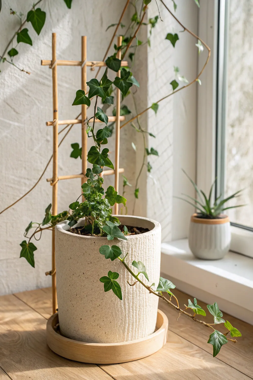 Minimal trellis pot lets ivy climb tall, with a few strands draping over the rim.
