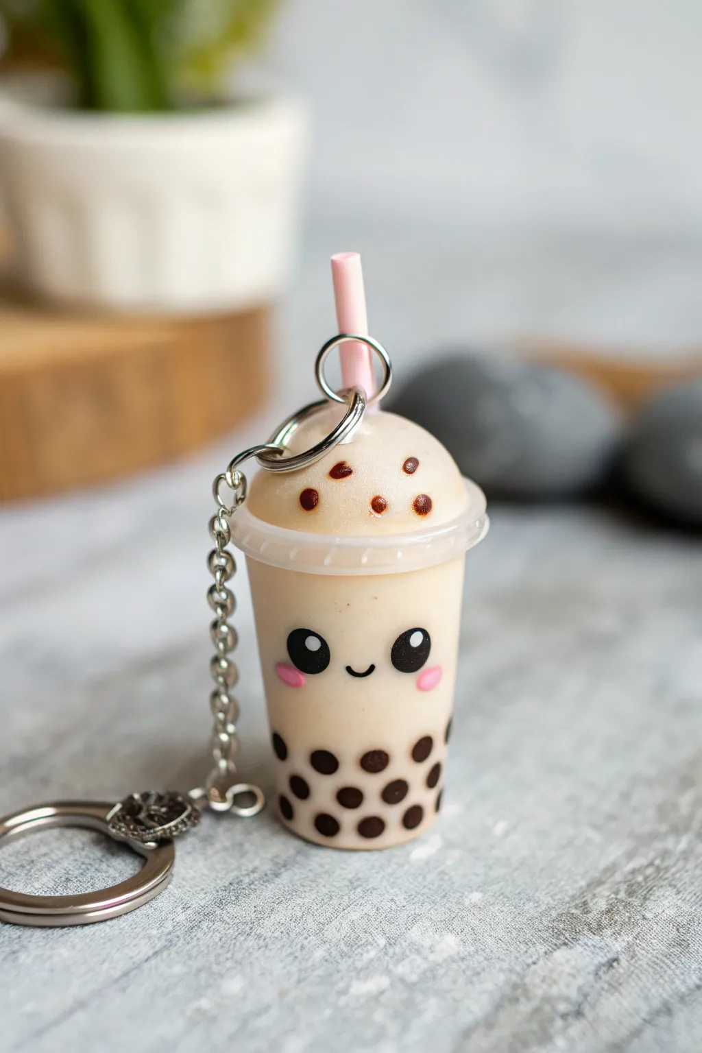 Cute bubble tea cup charm with boba dots, simple face, and dangling legs in a clean minimal style