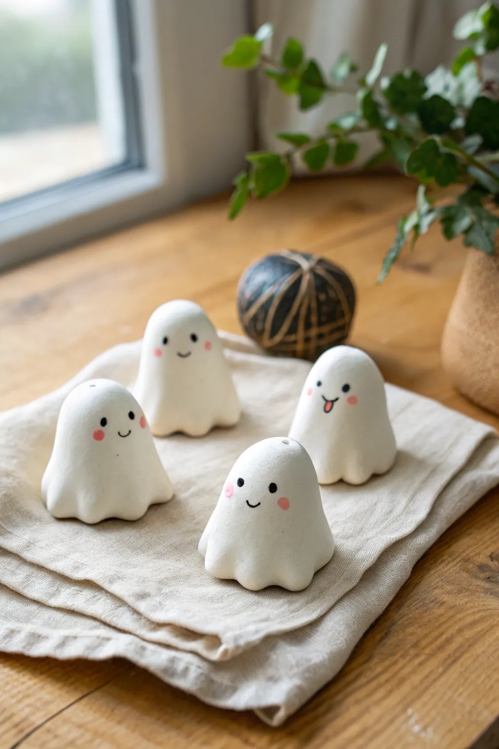 Sweet matte white kawaii ghost figurines kids can make with air dry clay, simple and adorable