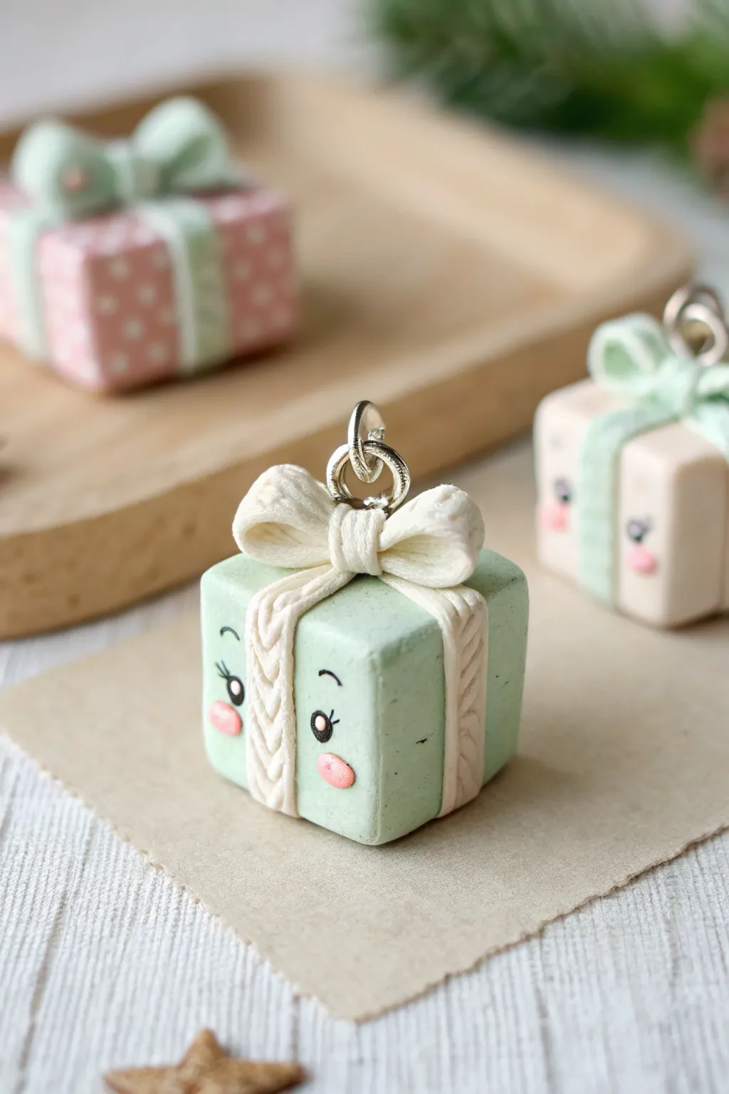 Tiny kawaii clay present charm with a big bow and bow cheeks, styled in cozy minimalist Christmas tones