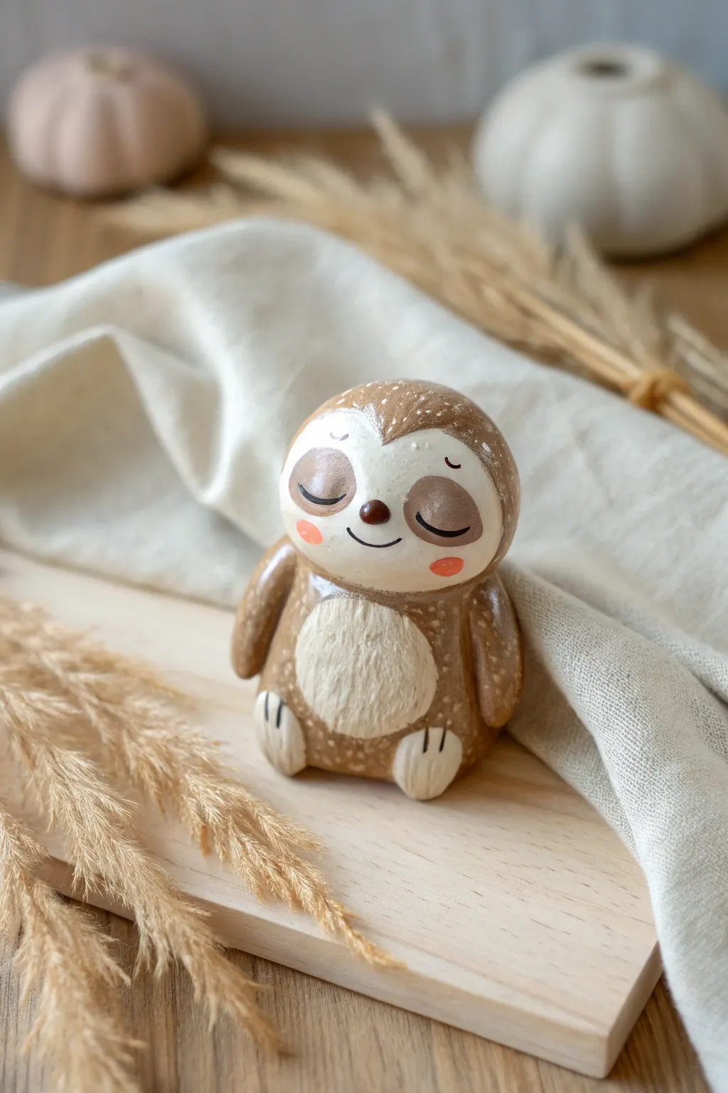 Sleepy kawaii sloth pocket buddy in soft neutral tones, minimalist boho vibes and cozy charm.