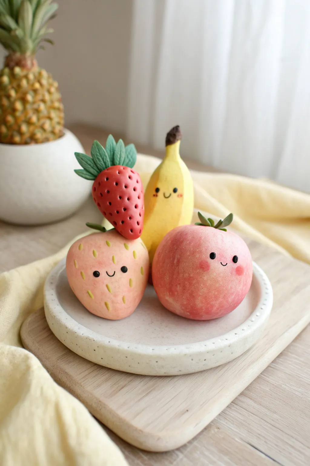 Sweet kawaii fruit family in air dry clay, Scandinavian minimal styling with boho warmth.