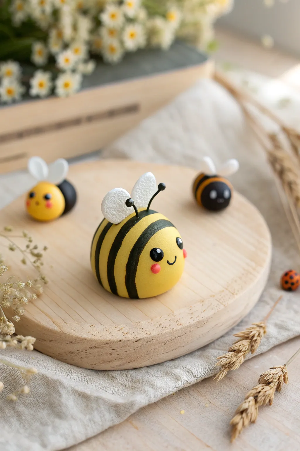 Tiny kawaii bee with rosy cheeks on light wood, with bug buddies softly blurred behind