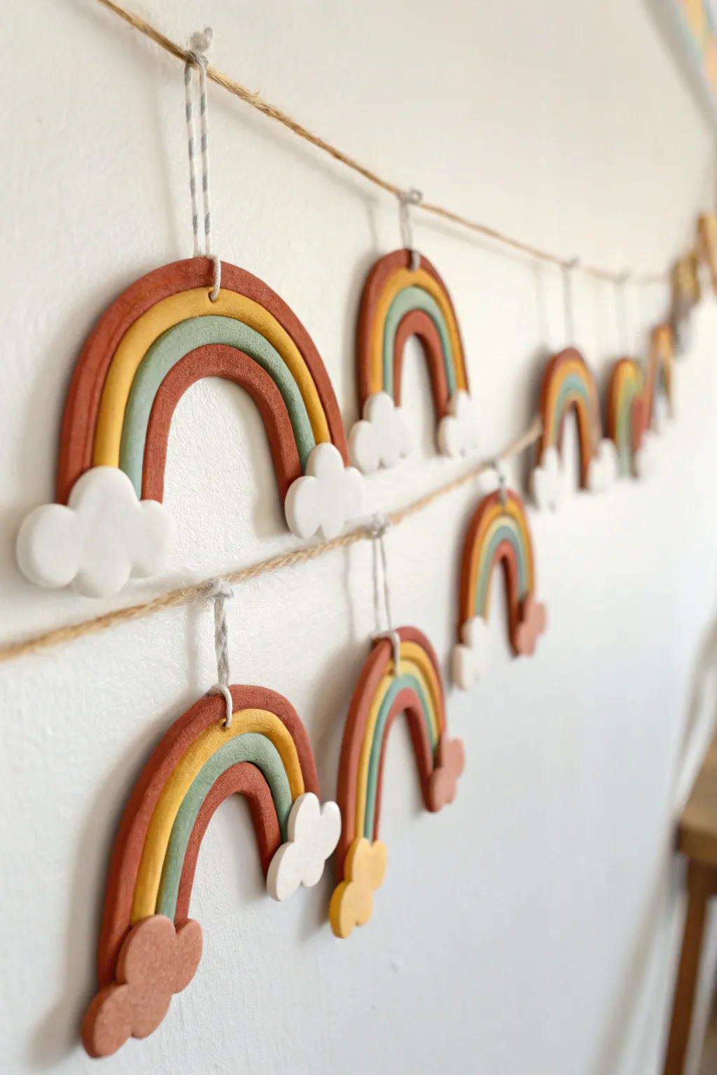 Rainbow and cloud air dry clay garland tags for kids, simple shapes with bold color blocks