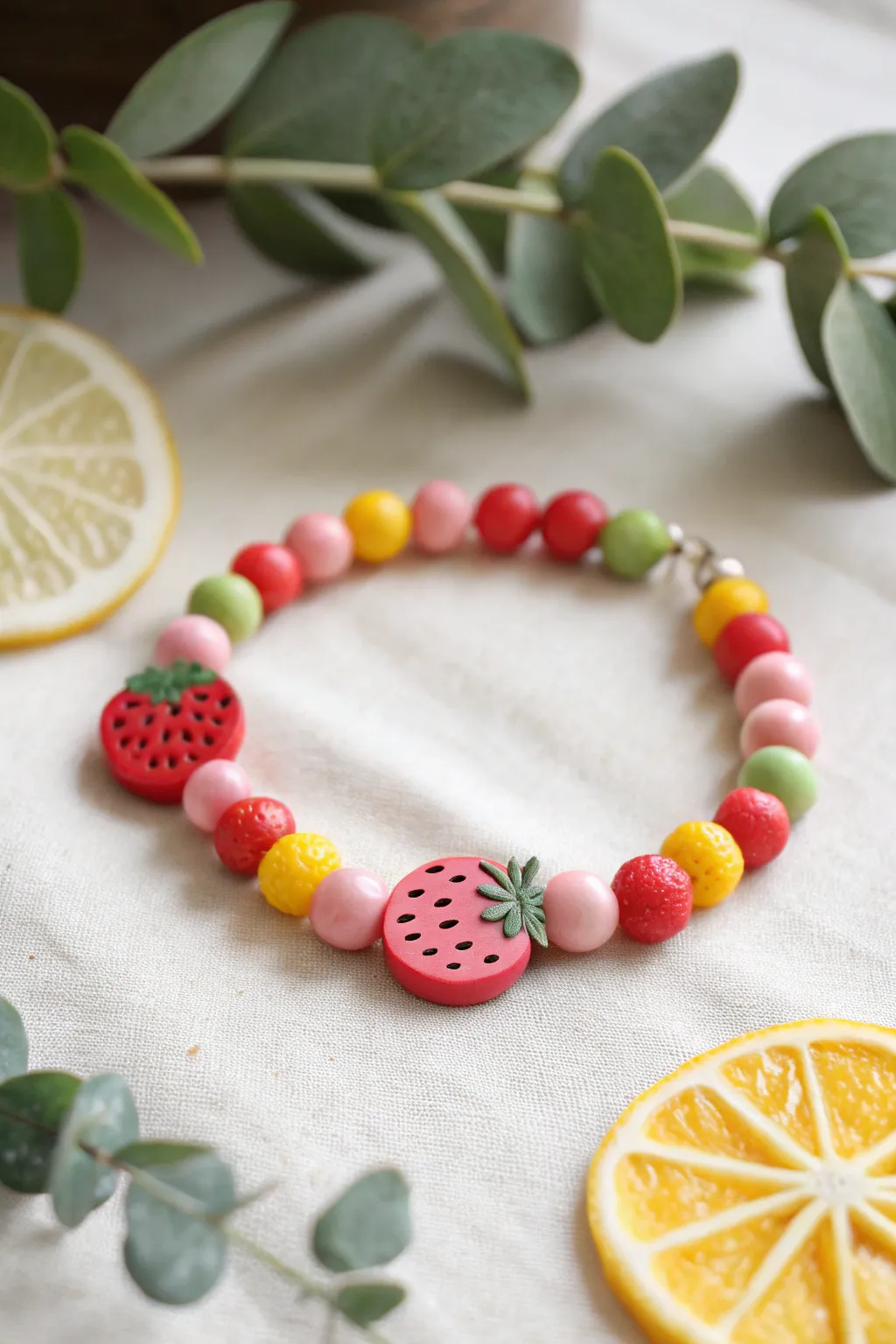 Fruit salad charm bracelet with bright clay beads and sweet strawberry and lemon focal charms