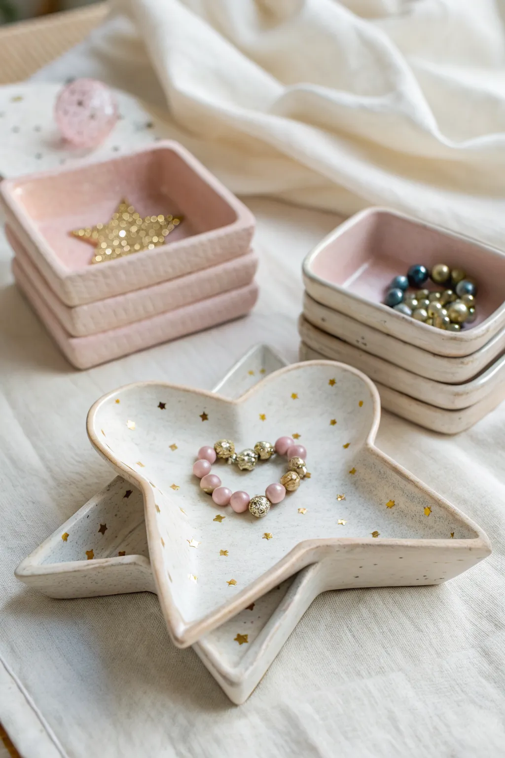 Tiny heart and star air dry clay trinket trays with playful dots for kids sparkly treasures
