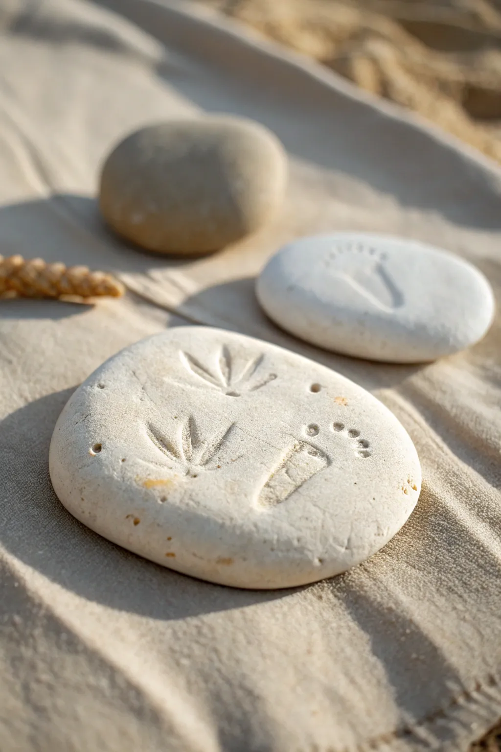 Air dry clay dinosaur fossil stones in warm sand tones, a simple kid friendly keepsake.