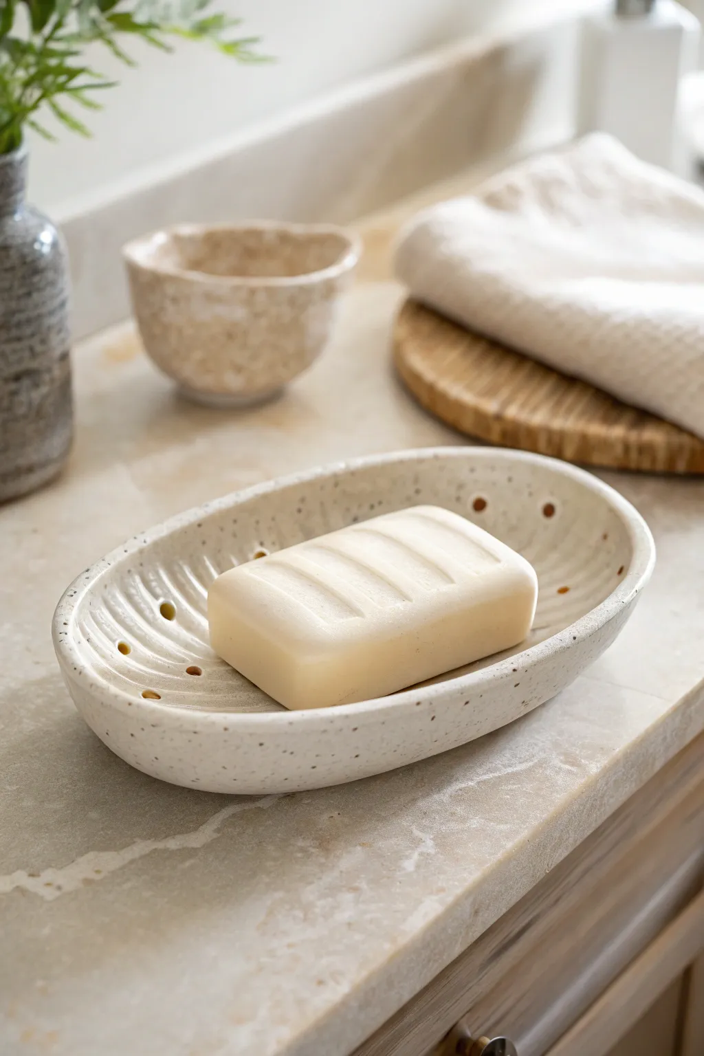 Minimal slab-built ceramic soap dish with drainage, soft neutral glaze and calm spa-like contrast.