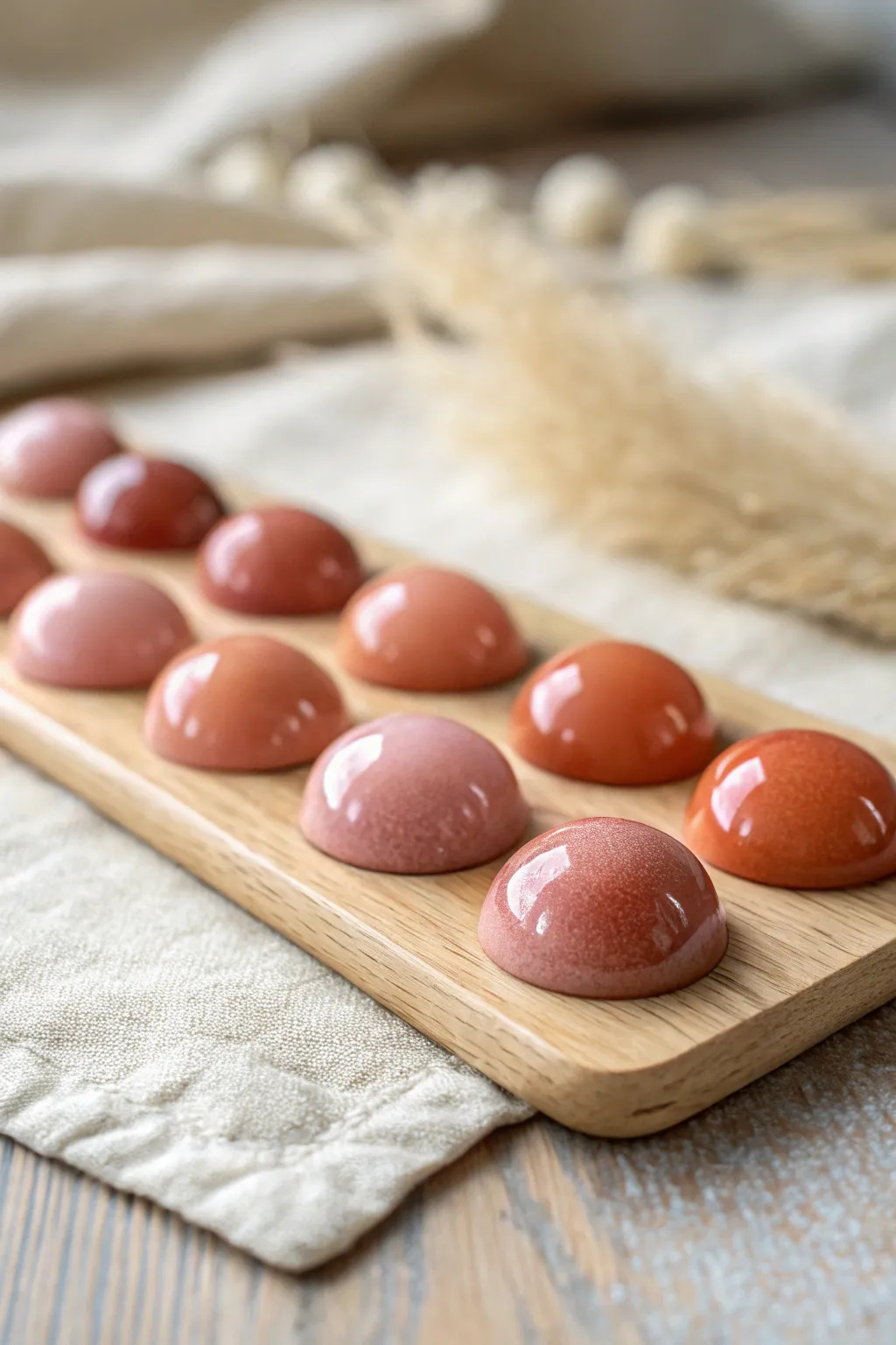 Glossy ombre liquid clay cabochons lined up like candy, minimalist boho and handmade-chic.
