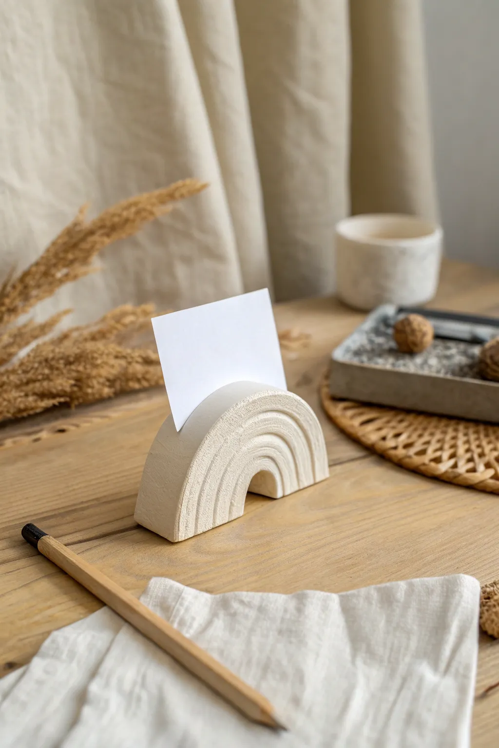 Tiny air-dry clay photo holder beside a pencil, a minimal boho accent for your desk.