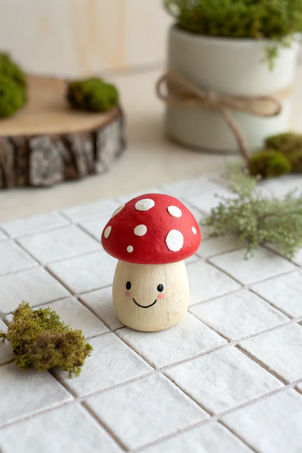 Sweet smiling mushroom clay figure with red cap and mossy accents, simple and cozy.