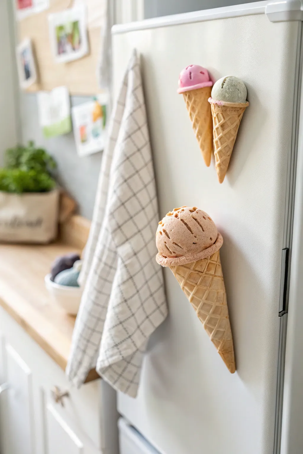 Pastel ice cream cone mini magnets that add a sweet, handmade pop to your fridge decor.