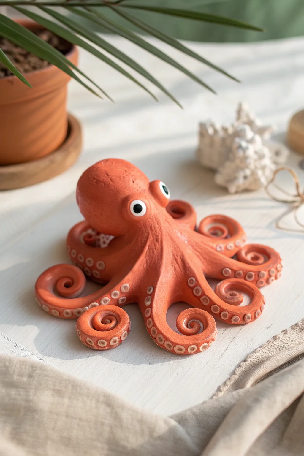 Palm-sized clay octopus in bold coral, curled tentacles and simple eyes, minimalist charm.