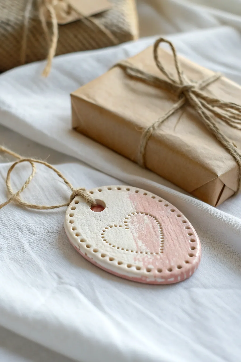 Blush clay gift tag with stamped heart motif, a sweet minimalist touch for wrapped parcels.
