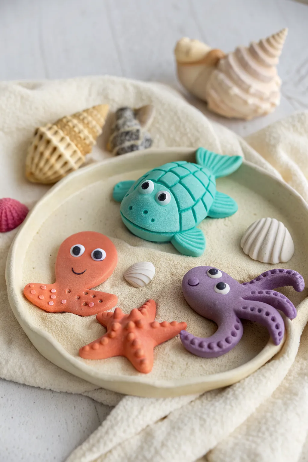 Sweet magic clay sea creature trio in bold colors, simple textures, and Scandinavian calm.
