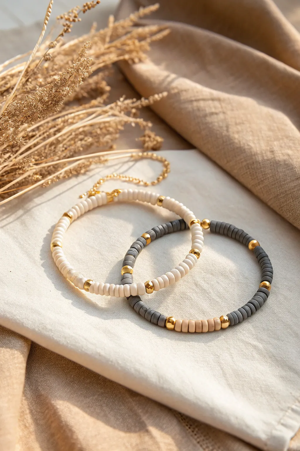 Neutral heishi bead matching bracelets in cream, gray and black with delicate gold accents