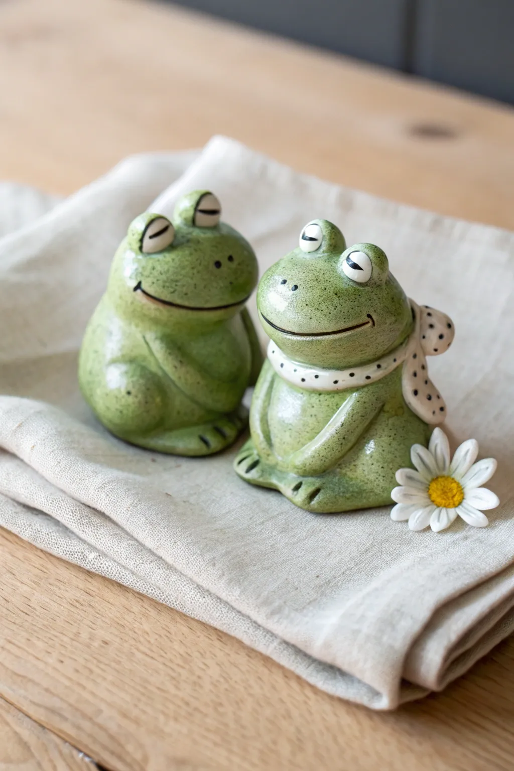 Bright green frog best friends, hand-sculpted charm pair styled in calm minimalist boho.