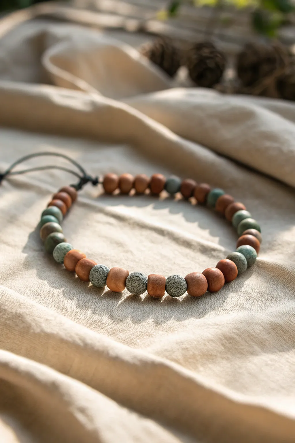 Earth-tone trio clay bead bracelet in brown, olive, and slate for a modern minimalist look