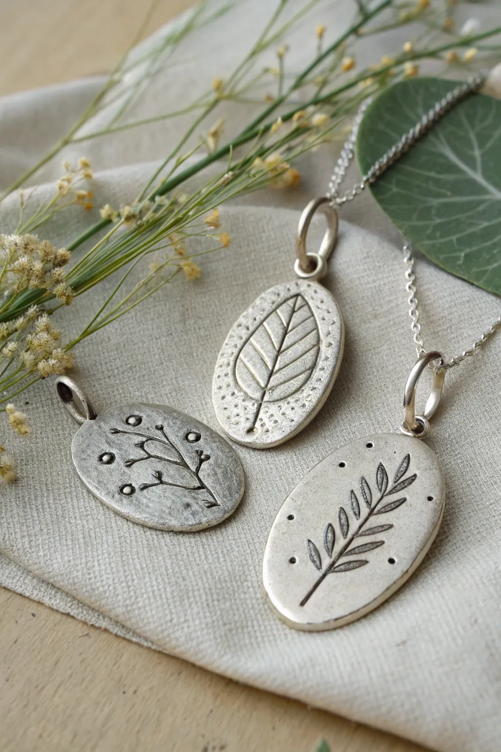 Three botanical-textured metal clay pendants styled as a minimalist pendant set in soft light.