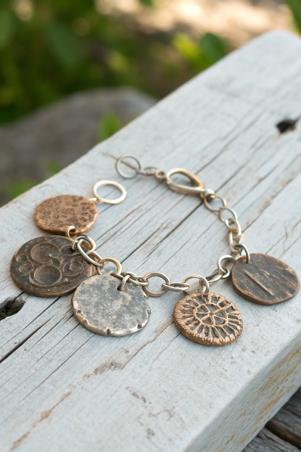 Rustic metal clay coin charm bracelet with warm patina on weathered wood, minimalist boho vibe