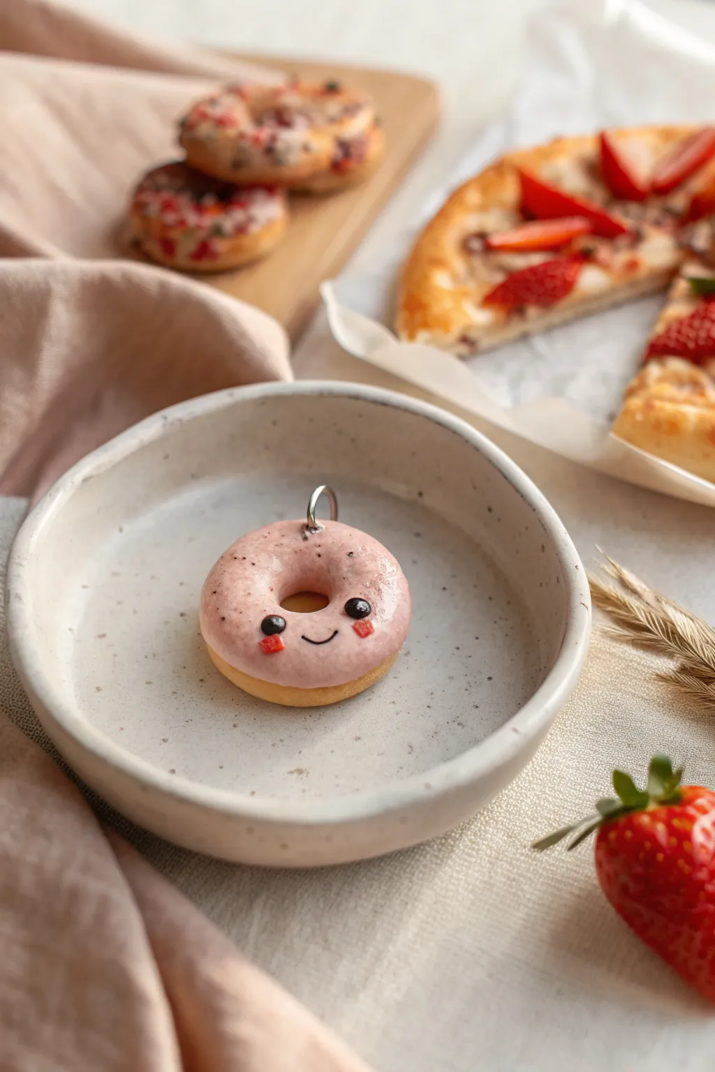 Mini donut charm with sweet expression, styled in soft neutrals for simple air dry clay ideas
