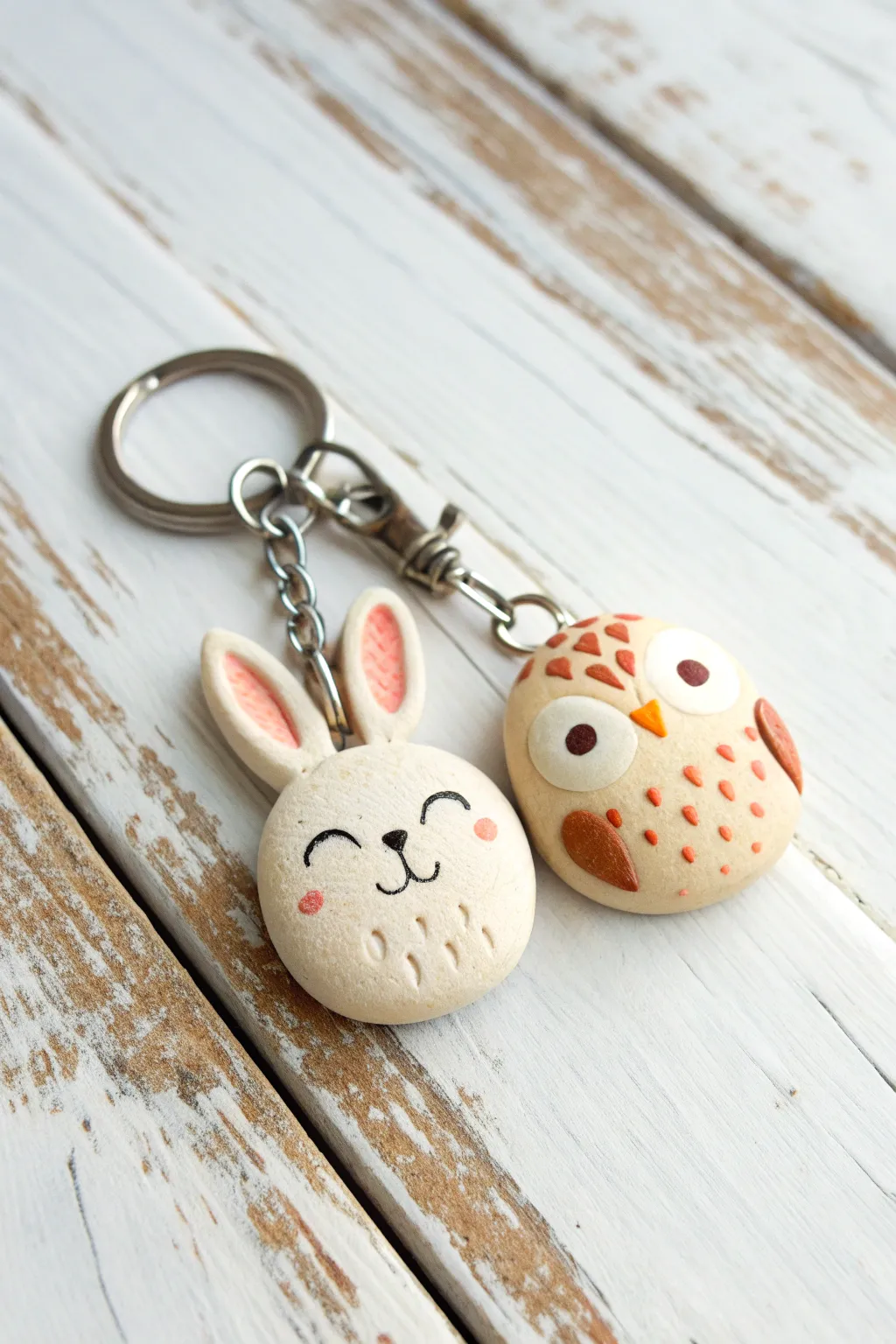 Chibi bunny and owl mini clay charms in soft pastels, a sweet beginner-friendly mini art idea.